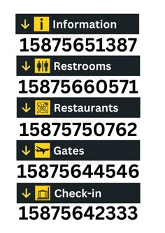 an airport sign with the names and numbers in black, yellow and white on it