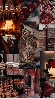 a collage of harry potter images including hogwart's house, books and bottles