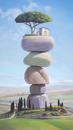 a painting of rocks stacked with a house on top