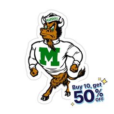 a sticker with the letter m on it's face and an animal wearing a hat