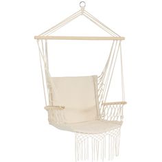 a white hammock chair hanging from a wooden frame with a pillow on it