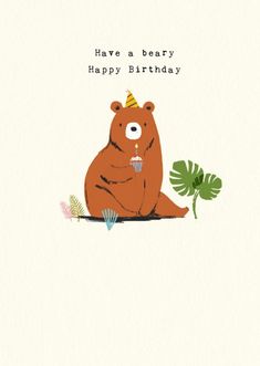 a card with a bear holding a cupcake and a leaf on it's side