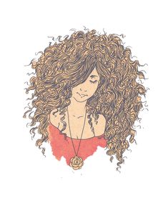 a drawing of a woman with long curly hair wearing a red top and necklace on her neck