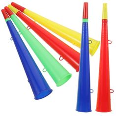 several different colored plastic cones and poles