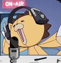 a cartoon character with headphones on singing into a microphone in front of a television screen