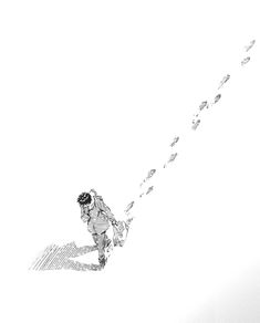 a drawing of a man riding skis down a snow covered slope