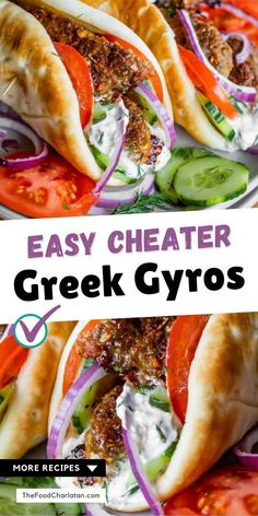 Pitas filled with tender beef & lamb gyro patties, tzatziki sauce, and cucumber, tomato, and red onion Gyro Aesthetic, Lamb Gyro Recipe, Gyro Meat Recipe, Mediterranean Recipes Healthy, Lamb Gyros, Greek Gyros, Gyro Recipe, The Food Charlatan, Food Charlatan