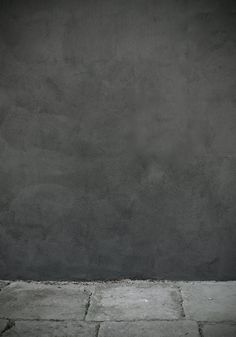 a black and white photo of a brick floor in front of a gray wall with a plant growing out of it