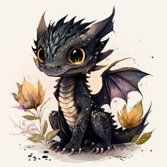 a small black dragon sitting on top of flowers