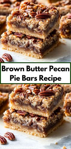 brown butter pecan pie bars stacked on top of each other