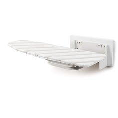 a white bed frame with a mattress attached to the back wall and two hooks on each side