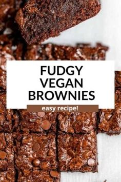 fudge vegan brownies stacked on top of each other with the title overlay