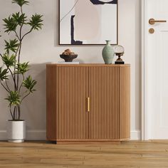 a wooden cabinet sitting next to a potted plant