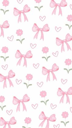 watercolor bows and hearts on white fabric with pink flowers in the center, as well as green stems