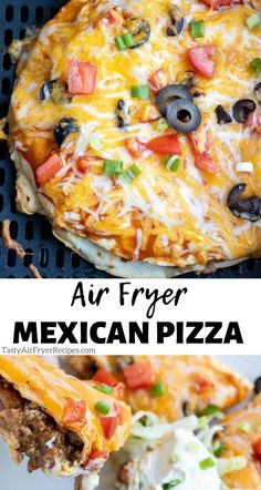 an air fryer mexican pizza with cheese, black olives and peppers on it