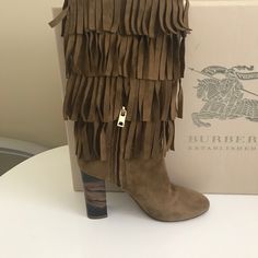 Rare Authentic Burberry Boots, A Real Show Stopper! Great With Skirts, Dresses, Jeans, Shorts, And Leggings Burberry Knee High Boots, Luxury Brown Knee-high Boots For Winter, Luxury Brown Knee-high Boots With Round Toe, Brown High-top Shearling Boots, Luxury Brown Knee-high Boots With Reinforced Heel, Burberry Boots, Fringe Boots, Burberry Shoes, Girls Boots