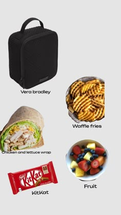 the lunch box is full of food and has its contents labeled in spanish, french fries, fruit, veggies, and bread