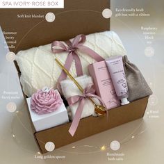 the contents of a spa gift set in a box with information about its contents and features