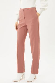 Formal Solid Long Pants Love Tree 6676PN - Craze Fashion Stretch Straight Pants With Button Closure, Stretch Pants With Button Closure For Business Casual, Stretch Straight Dress Pants With Button Closure, Pink Elastane Pants For Work, Pink Elastane Pants For Workwear, Stretch Bottoms With Button Closure For Work, Pink Wide-leg Bottoms With Button Closure, Fitted Bottoms With Button Closure, High Waist Pink Pants With Button Closure