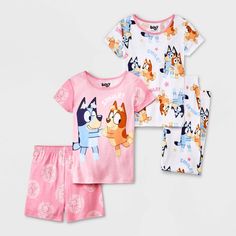 Add a pup-tacular look to your kid's pajamas with this Bluey 4-Piece Pajama Set. This coordinating ensemble includes two short-sleeve sleep shirts, a pair of PJ shorts and PJ pants. Each piece features a pull-on design for ease of dressing, 100% cotton construction for all-night comfort, and elasticized waistbands for a stay-put fit. Both the pink pajama set with shorts and the other white PJ set with pants are adorned with charming prints showcasing Bluey, Bingo and "Smiley" text for a cheery l Cotton Character Print Sleepwear For Pajama Party, Family Matching Cotton Sleepwear For Sleepovers, Cotton Sleepwear With Character Print For Pajama Party, Playful Character Print Sleepwear For Bedtime, Cotton Sleepwear With Character Print For Loungewear, Cotton Sleepover Sets With Character Print, Playful Cotton Pajama Shorts For Sleep, Playful Character Print Sleepwear, Playful Sleep Sets With Character Print