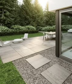 an outdoor patio with tables and chairs