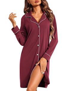 PRICES MAY VARY. MATERIAL:This button down nightgown featured with super lightweight, comfy and stretchy ribbed fabric, high elastic and rommy design for maximum comfort and flexibility, also ideal for wearing during pregnancy and postpartum period. DESIGN:Long sleeve sleepwear shirt, provides extra warmth and coverage on chilly nights, the skinny ribbed fabric adds a touch of texture and sophistication to your sleepwear collection, V-neck design give you a stylish and comfortable sleepwear opti Bridesmaid Sleepwear, Night Shirts For Women, Button Down Sleep Shirt, Postpartum Period, Garden Fashion, Elegant Wardrobe, Nursing Nightgown, Night Gowns