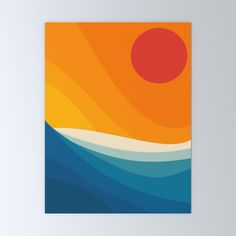 an orange and blue sunset with waves in the foreground poster on a white wall