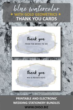 two purple watercolor wedding thank cards with gold geometrics