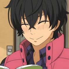 an anime character is reading a book and looking at the camera while wearing a pink coat