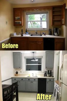 before and after pictures of a kitchen remodel with new cabinets, counter tops, sink, microwave, dishwasher and refrigerator