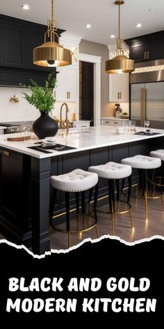 a black and gold kitchen with stools next to the island in front of it