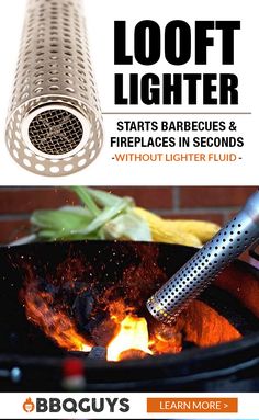 an advertisement for a bbq lighter with flames in the bowl and grill grate