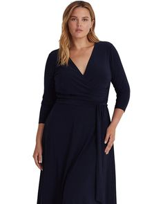 LAUREN Ralph Lauren Plus Size Surplice Jersey Dress | Zappos.com Chic 3/4 Sleeve Midi Dress For Evening, Flattering V-neck Evening Midi Dress, Chic Fitted Wrap Dress With 3/4 Sleeve, Chic 3/4 Length Evening Dresses, Elegant Half-sleeve Dress For Night Out, Elegant Half Sleeve Dress For Night Out, Elegant Half Sleeve Night Out Dresses, Chic Maxi Dress With 3/4 Sleeves For Party, Chic Midi Dress For Party