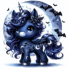 a cute little pony standing in front of a full moon with bats flying around it