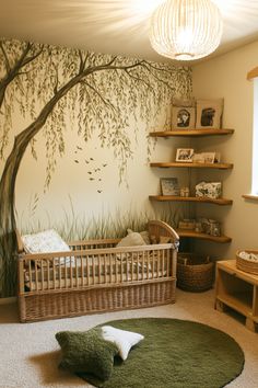 a baby's room with a tree painted on the wall and green rugs