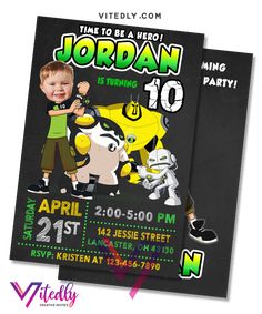 Ben 10 Birthday invitation with Custom Face 10 Birthday Party, Ben 10 Birthday Party, Minecraft Invitations, Ben 10 Party, Ben 10 Birthday, Picture Invitations, 10th Birthday Invitation, 10 Birthday, Birthday Party Design