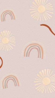 a wallpaper with rainbows and sun in pastel pink, beige and grey colors