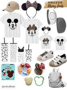 some items are arranged in the shape of mickey and minnie mouses shirts, hats, shoes