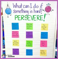 a bulletin board with post it notes on it that says, what can i do if something is hard? persevre