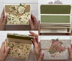 four different images of cards and envelopes being held by hands with flowers on them