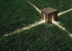 a wooden block sitting on top of a lush green field