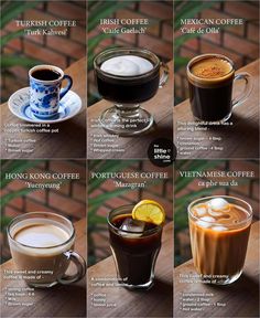 the different types of coffees are shown in this poster, which shows how to make them