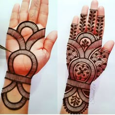 two pictures of hands with henna designs on them, one is showing the intricate design