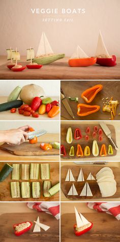 several pictures of vegetables and boats on a table