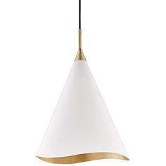 a white and gold pendant light hanging from a ceiling fixture with a black cord attached to it