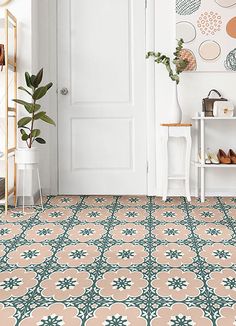 a room with a white door and green flooring