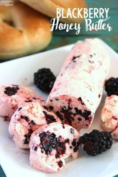 blackberries and honey butter ice cream on a white plate