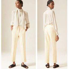 Nwot Me+Em Summer Tweed Tapered Pant Tweed Textured Soft Yellow And Cream Cotton Blend. Front Pintuck. Size 4 Waist: 30" Hips: 39" Front Rise: 11.5" Back Rise: 15.5" Inseam: 28.5" Chic Off White Pants For Workwear, Cream Pants For Spring Office Wear, Cream Linen Pants For Work, Cream Linen Workwear Pants, Tapered Pant, Tweed Texture, Lemon Cream, Soft Yellow, Jumpsuit Trousers