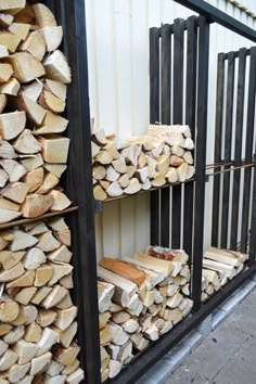 the firewood is stacked up outside by the fence