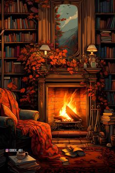 a living room with a fire place and bookshelves full of books on the shelves